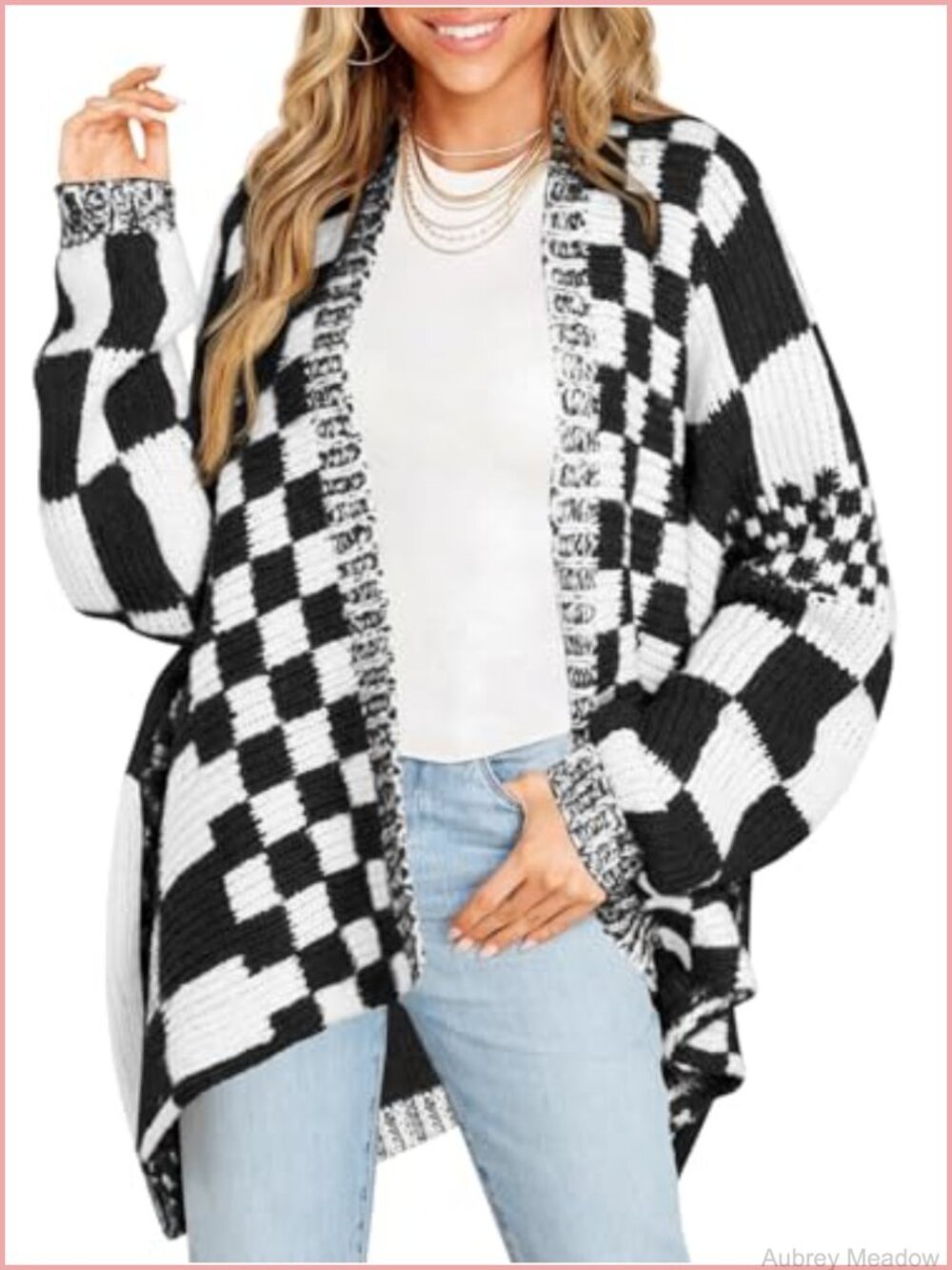 Oversized Checkered Cardigan Sweater Long Sleeve Open Front Knit